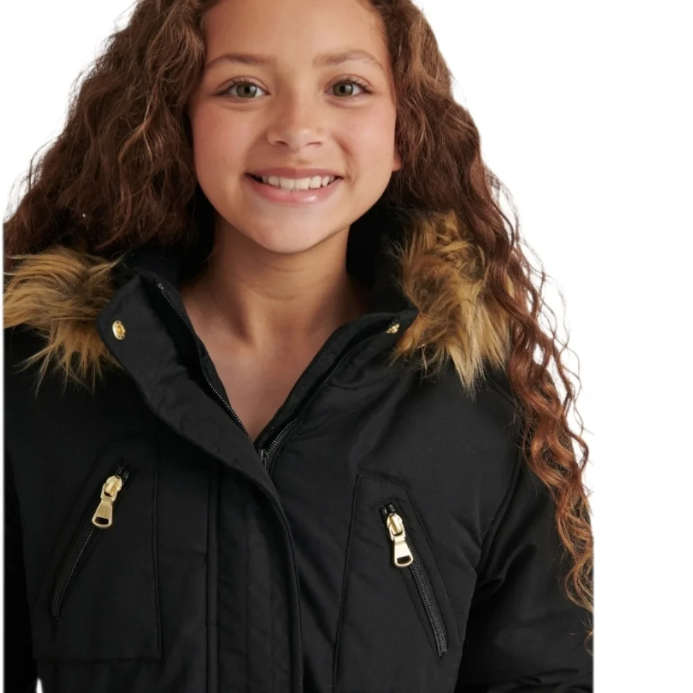 Justice Stylish Girls Black Hooded Parka Coat with Faux Fur Trim Kids‎ Jacket